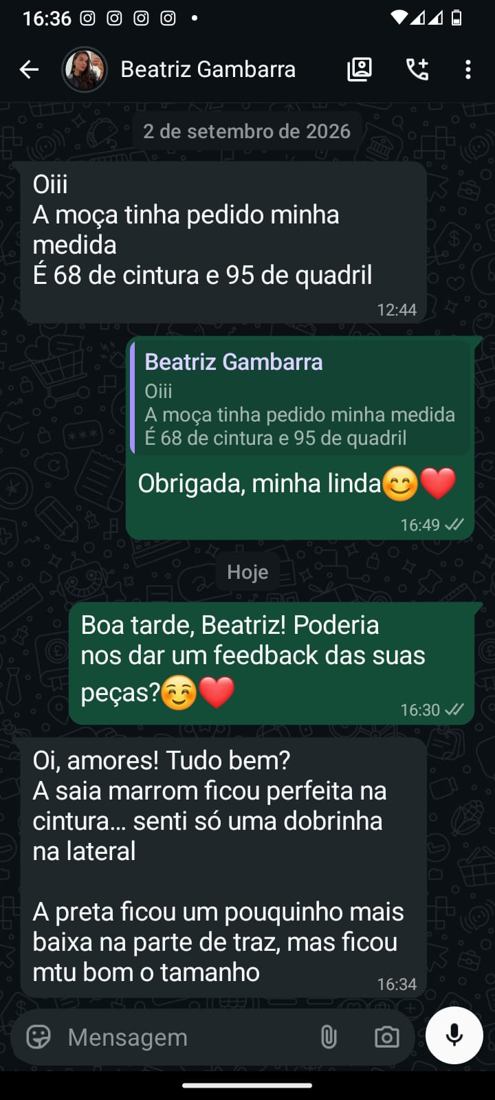 Depoimento WhatsApp de Beatriz Gambarra no Ateliê da Costura