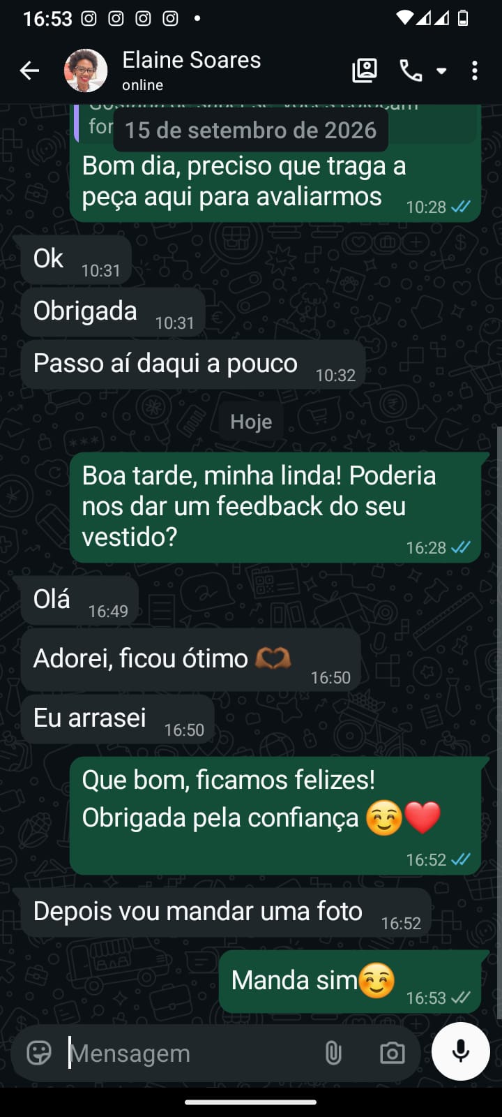 Depoimento WhatsApp de Elaine Soares no Ateliê da Costura