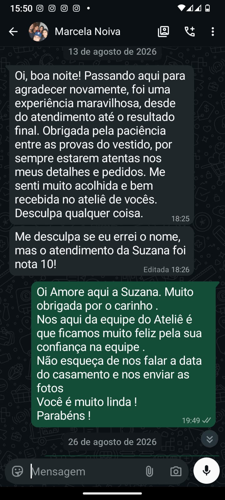 Depoimento WhatsApp de Marcela Noiva no Ateliê da Costura