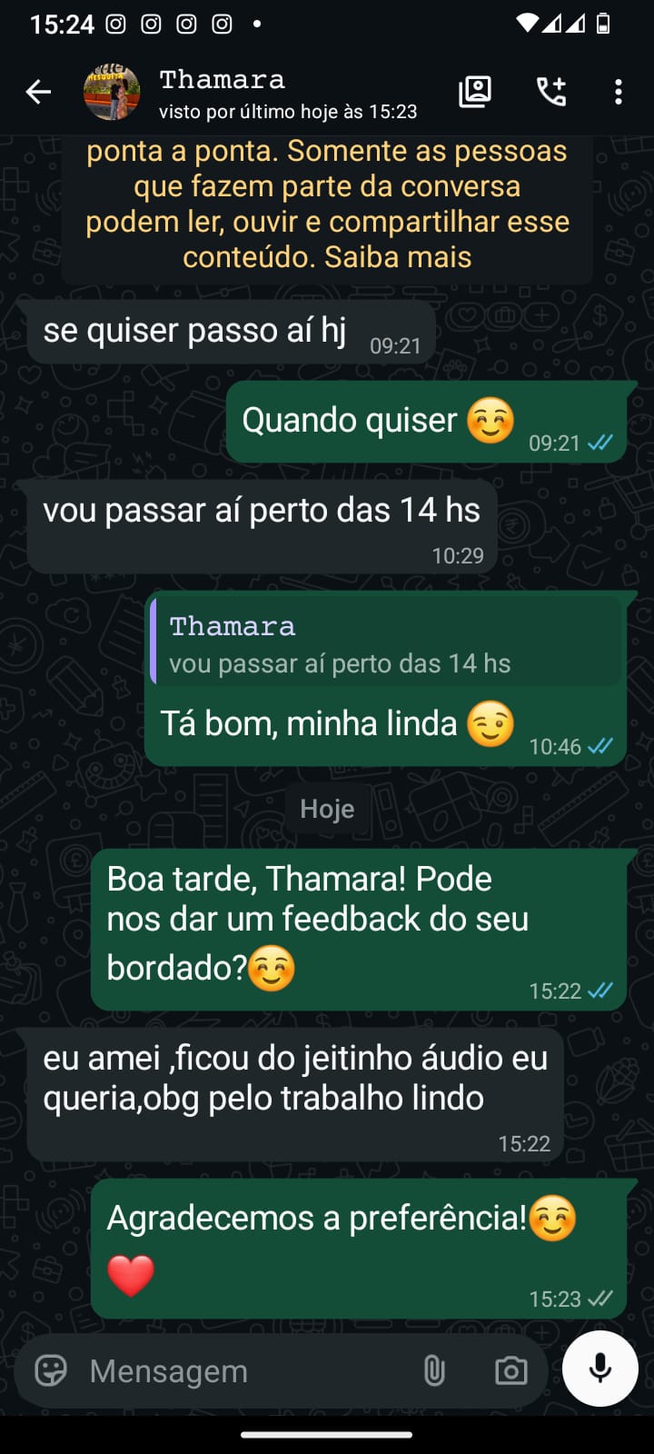 Depoimento WhatsApp de Thamara no Ateliê da Costura